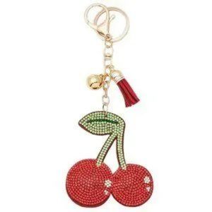 NWT Bling Rhinestone Cherries Puffy Tassel Key Chain Purse Charm